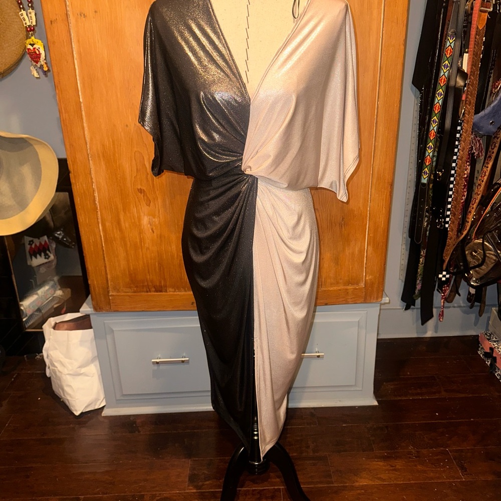 Two-Tone Black and Champagne Knot-Front Midi Dress